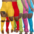 MOQ1 2021 Customized Solid Colors Plus Size Women Denim Pants Stylish Casual Trouser Hollow Out Cotton Women's Pencil Jeans